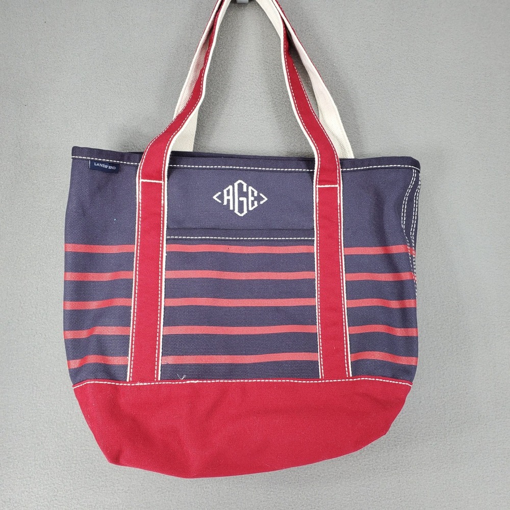 Lands End Tote Bag Navy Blue Red Striped Canvas Monogrammed AGE Classic Nautical